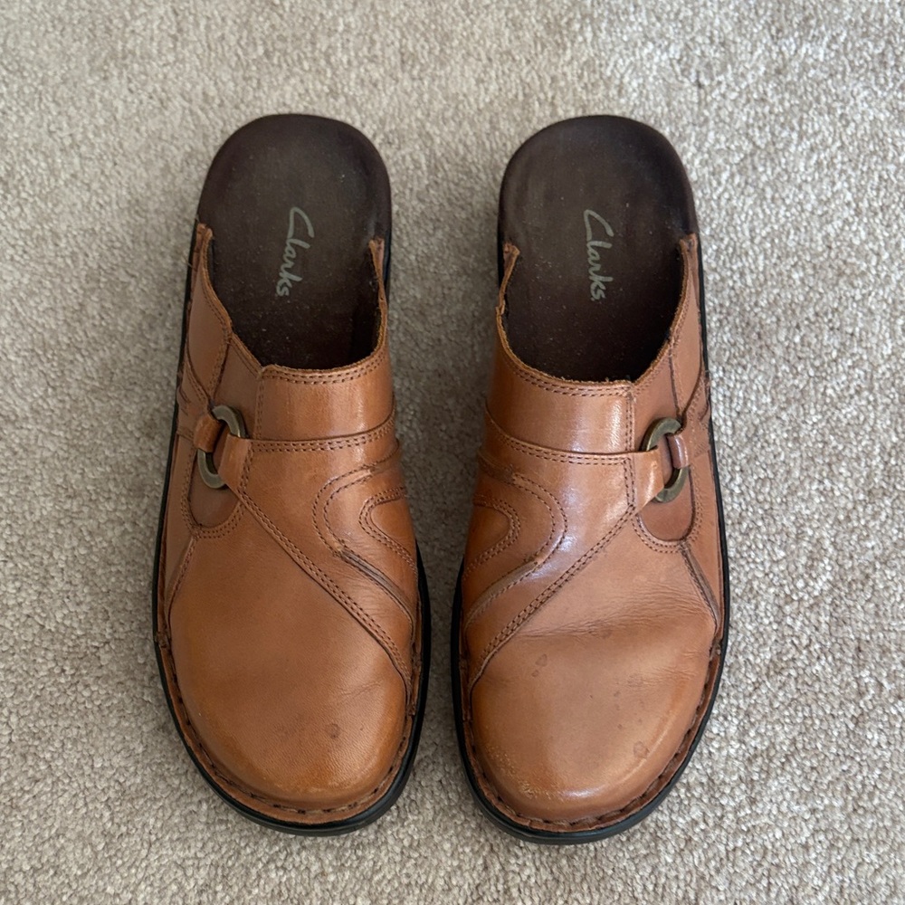 Clarks Tan Leather Mules
